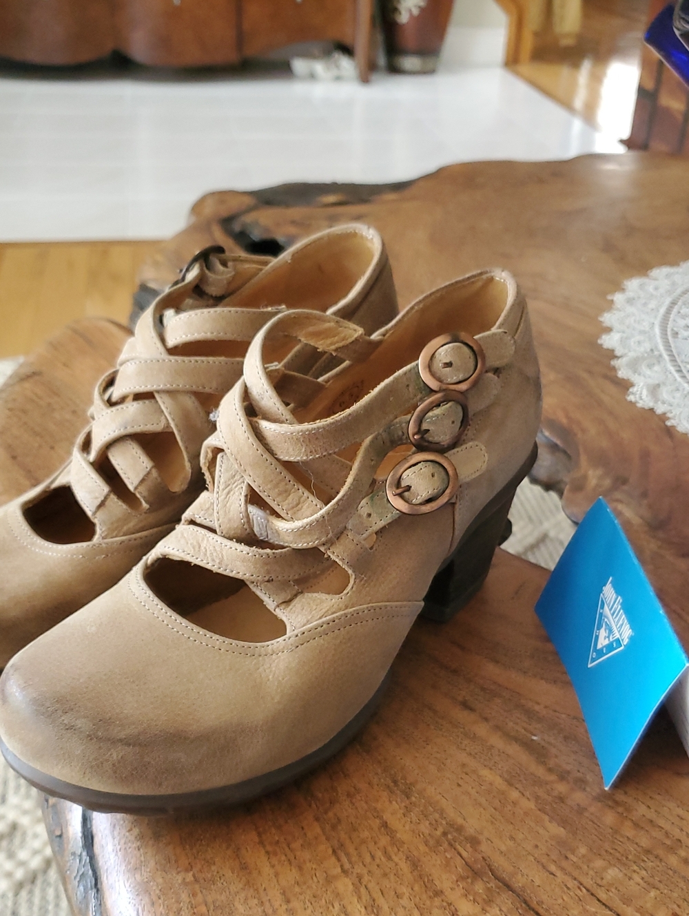 John Fluevog Tan  Luxon Strappy Mary Jane Heels with Buckle Detail